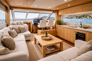 Binnenkant van een Yacht, het interieur van dit schip is bekleed met Bruynzeel Plywood