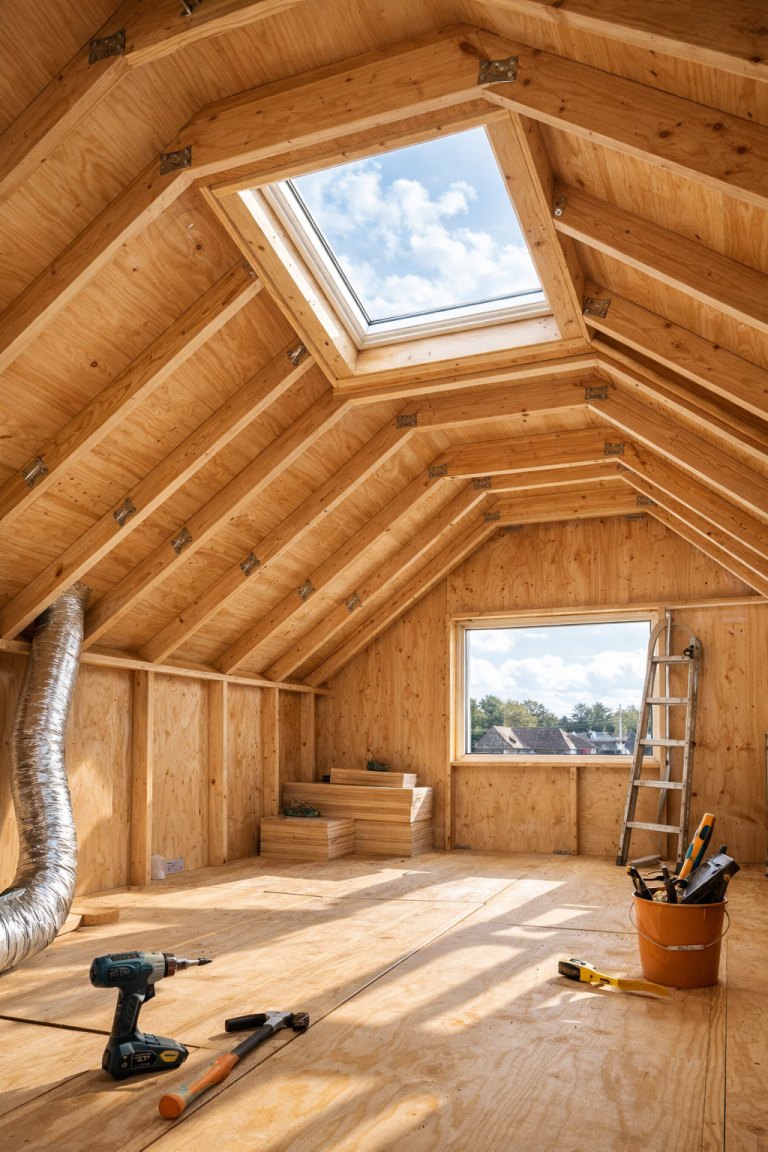 Dakwerk dat bekleed is met Bruynzeel houten panelen