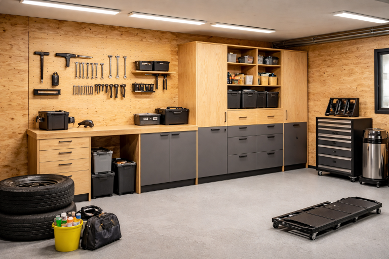 Een garage die deels is bekleed met Bruynzeel houten panelen