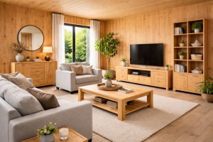 Muren en plafond interieur platen van Bruynzeel Plywood, allemaal in het hout