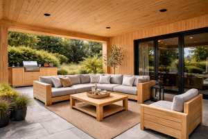 Ook overkappingen buiten kunnen bekleed worden met hout van Bruynzeel Plywood